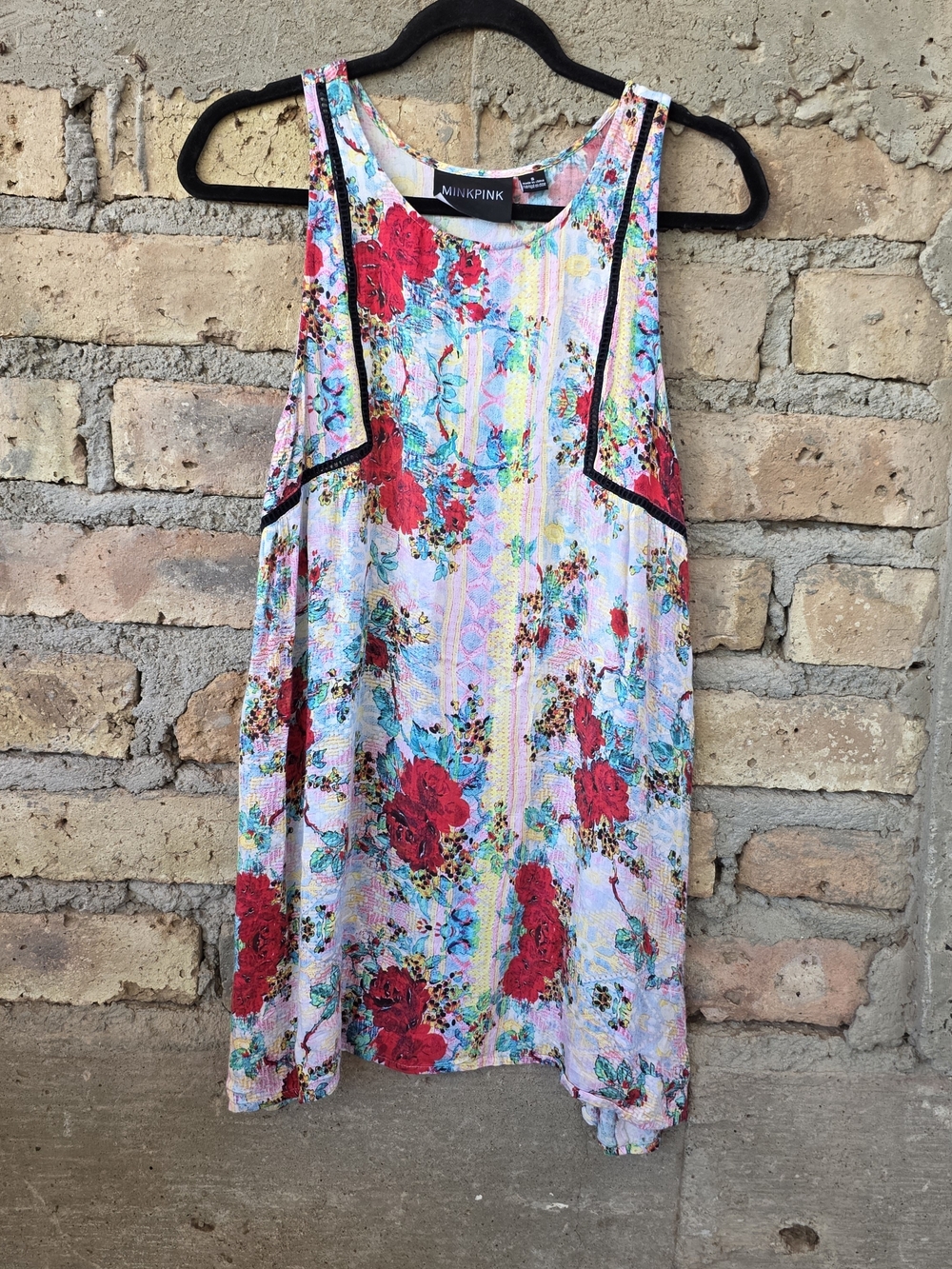 MINKPINK Floral Mini Dress Sleeveless Shift Crochet Trim Small